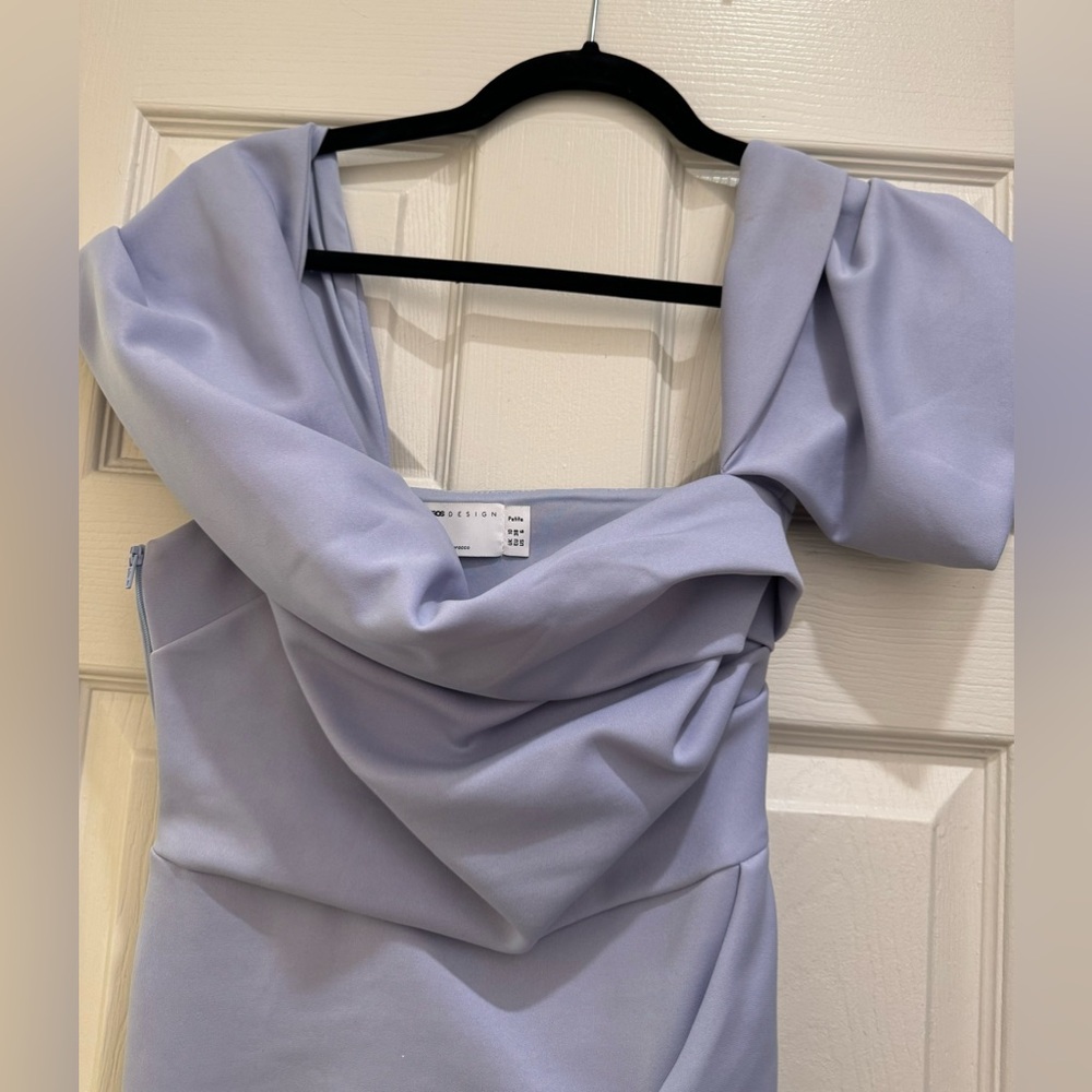 Petite Off Shoulder draped wrap midi dress in cosmic Blue - Picture 3 of 6